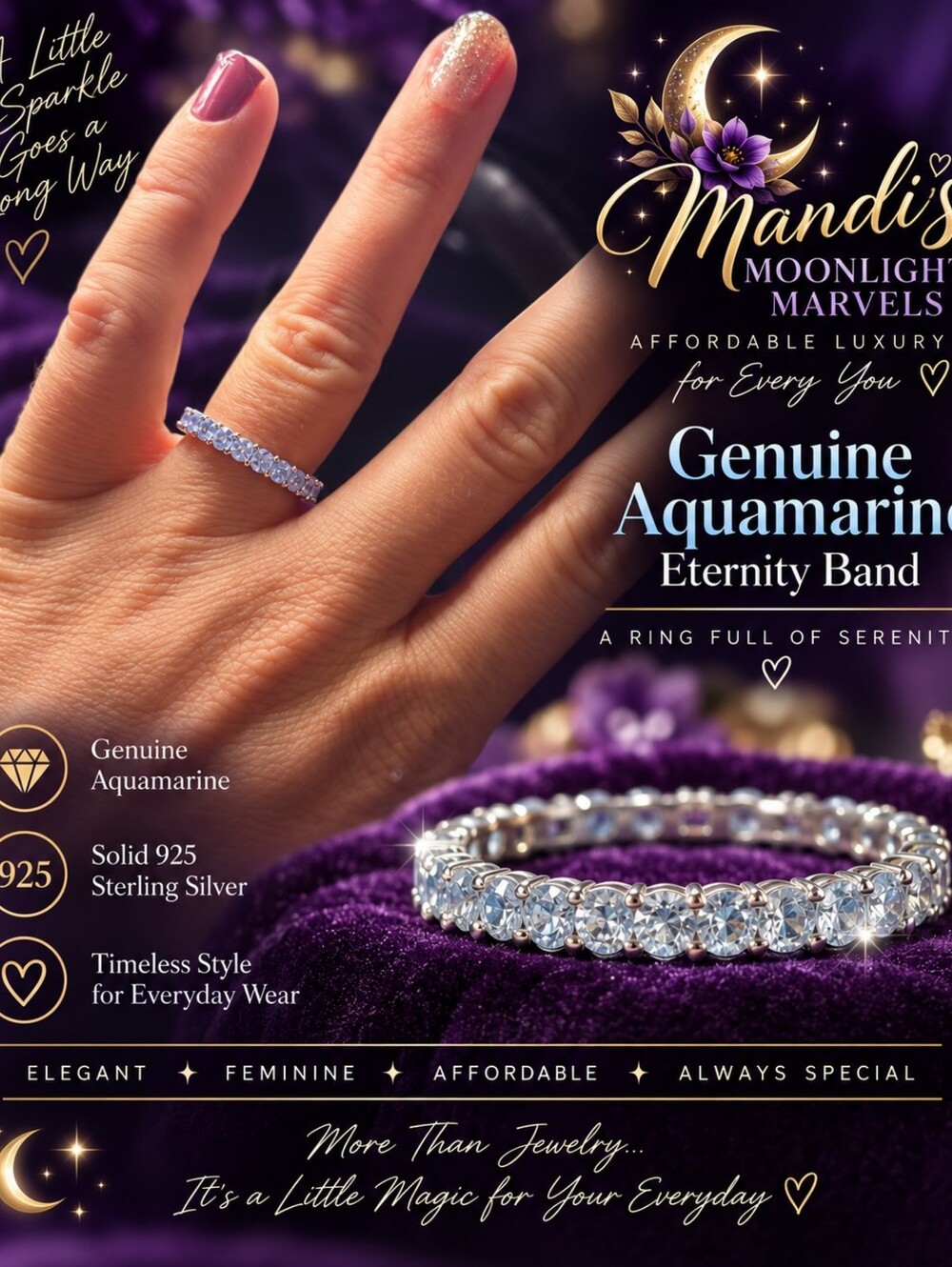 Genuine Aquamarine Eternity Band - Light Blue Sterling Silver